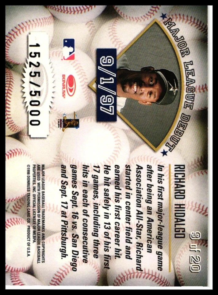 1998 Leaf Rookies & Stars #9 Richard Hidalgo Freshman Orientation #/5000 - Image 2 of 2