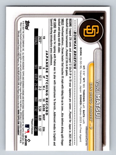 2024 Bowman Chrome #51 Yuki Matsui - Bild 2 von 2