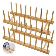 Set of 2 Bamboo Wooden Dish Rack, Plate Rack Stand Pot Lid Holder, Kitchen Ca...