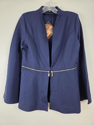 Iman Jacket Womens Small Navy Blue Convertible Gold Zip Off Stretch Open Blazer