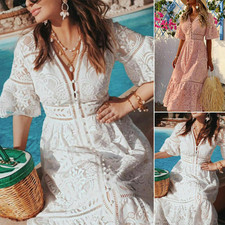 Women's Boho Lace V-Neck Maxi Dress Summer Holiday Beach Casual Long Sundress