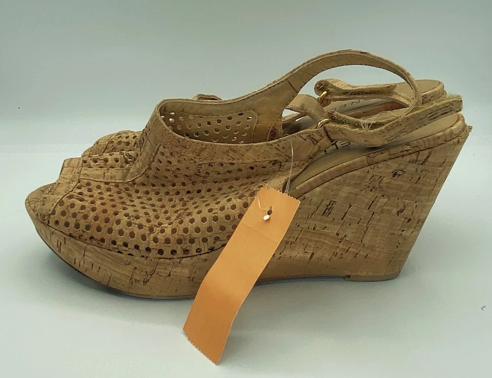 Van Eli Tostado Hebilla al Tobillo Tacón de Cuña Punta abierta Talla 8/9 10 pulgadas Tacón a Puntera Usado en Excelente Condición Foto 2 de 4