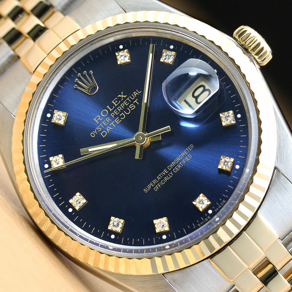 うっこ ROLEX MENS DATEJUST 16013 FACTORY DIAMOND BLUE DIAL 18K YELLOW