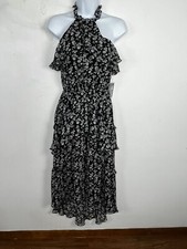 NEW Express Womens Halter Dress sz XS Black White Floral Hi Lo Maxi Hem