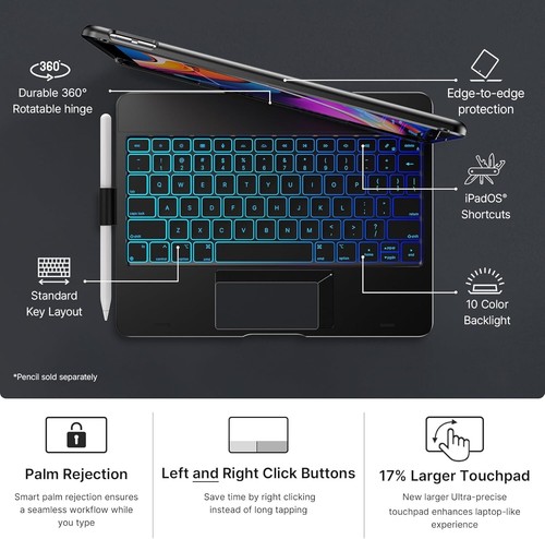 Typecase iPad Keyboard Case 9th/8th/7th Gen 10.2" 360° Backlit w/ Trackpad Cover - Picture 7 of 10