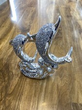SILVER CRUSHED DIAMOND SPARKLY DOLPHIN PAIR FISH ORNAMENT SHELF SITTER BLING UK