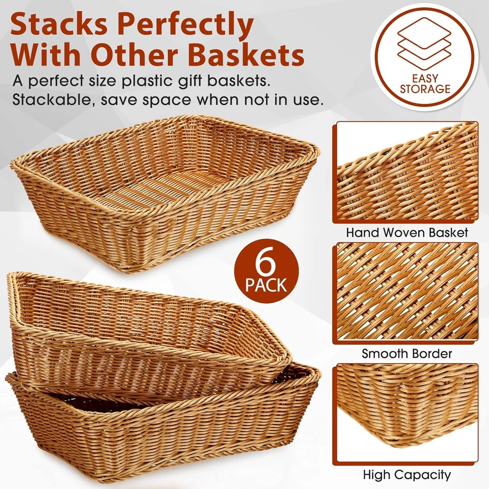 6 Pcs 17.7 Inch Poly Wicker Bread Basket Woven Bread Baskets Rattan Fruit Basket - Image 4 of 4