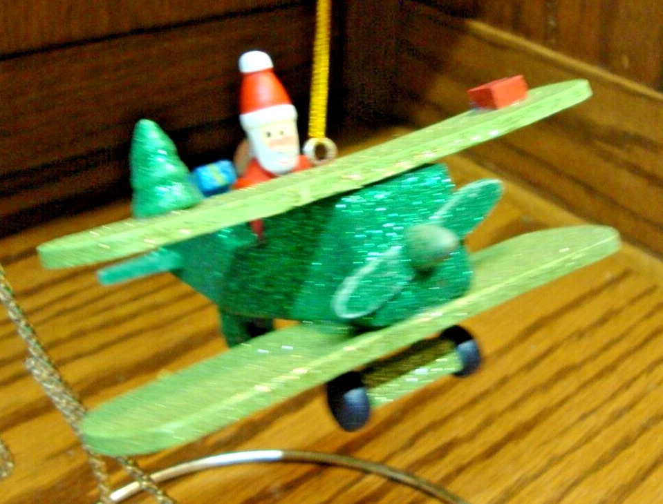Christmas Ornament Lime Hunter Green Glitter Airplane w Santa