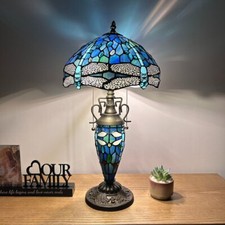 Tiffany Style Table Lamp Blue Stained Glass Mother-Daughter Vase LED Bulbs 22"H