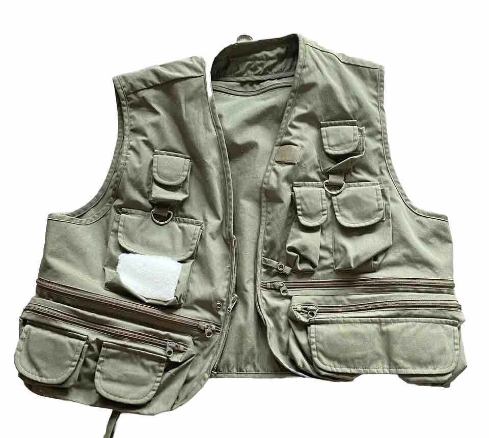 Vintage WINONA Fly Fishing Vest Green Khaki Canvas MENS MEDIUM Canvas