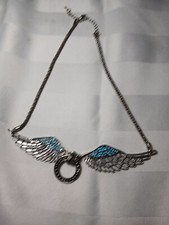 Angel Wings Feather Blue Rhinestones  Silver Tone Necklace W/ Circle Pendant