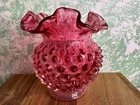 Vintage Fenton Art Glass Cranberry Hobnail Pattern Vase MCM