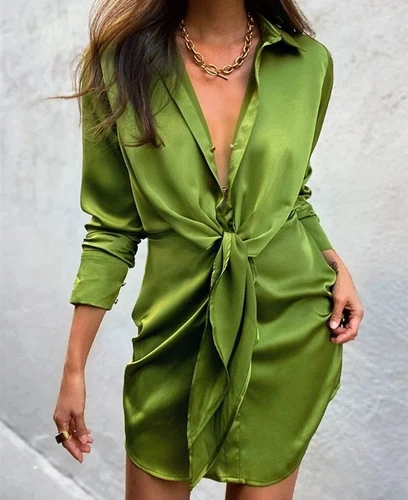 Vestido de satén de seda con cuello en V para mujer manga larga coleccionar cintura nudo lazo mini vestidos - Imagen 7 de 40