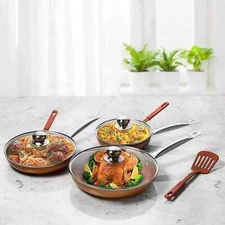 Razab Nonstick Copper Frying Pan Set with Lids and Spatula Set of 3