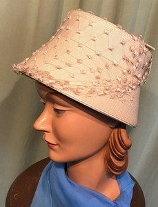 Chic-Vintage-50-039-s-60-039-s-Valerie-Modes-Beige-Woven-Bucket-Hat-w-Veil-amp-Bow-22-034