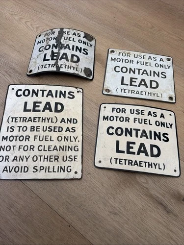 4 Vintage 1940s Gas Pump Porcelain Motor Fuel  Contains Lead Tetraethyl Plate