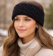 New Pile Lined Knit Headband Ear Warmer Winter Soft Stretch Cable Knit Black