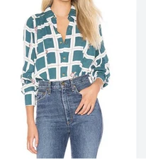 Free People Green and White Graphic Button Down Shirt SIZE M