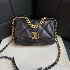Chanel Black 19 Goatskin Flap Bag with Two-Tone Chain Strap Auth