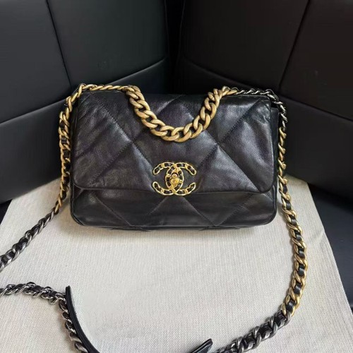 Chanel Black 19 Goatskin Flap Bag with Two-Tone Chain Strap Auth