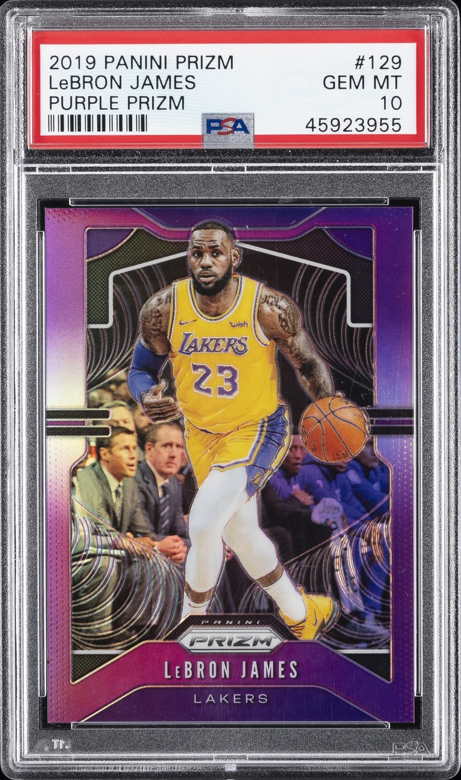 2019 PANINI PRIZM PURPLE PRIZM #129 LEBRON JAMES #/75 PSA 10 view 1