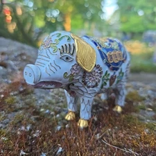 Vintage Cloisonné Pig White Gold Enamel Gold Ears Tail And Feet 4" X 5"