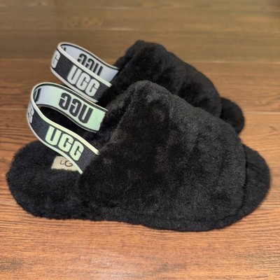 UGG Australia Fluff Yeah Slide Sling Sandals Slippers Womens 8 Black Fuzzy CLEAN