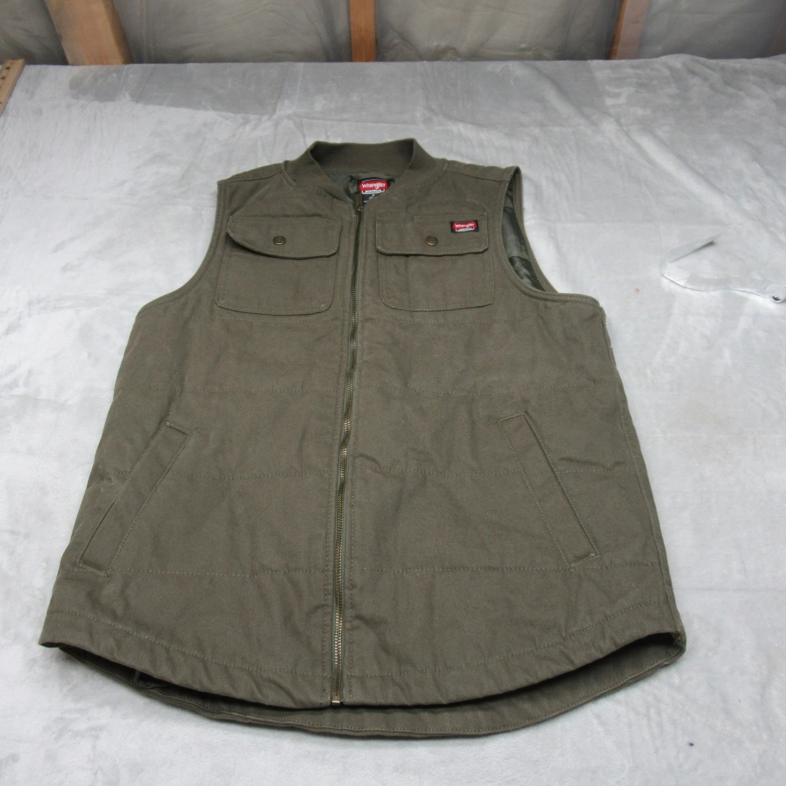 Wrangler Vest Mens Medium Grn Quilted Canvas Utility Work Layering Outdoors Hike