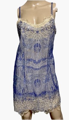 Ermanno Scervino Blue Crystal Embroidered Lace Slip Cocktail Dress US 2 4 IT 40