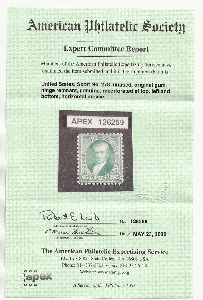 United States # 278, mint APEX certificate - Image 3 of 3