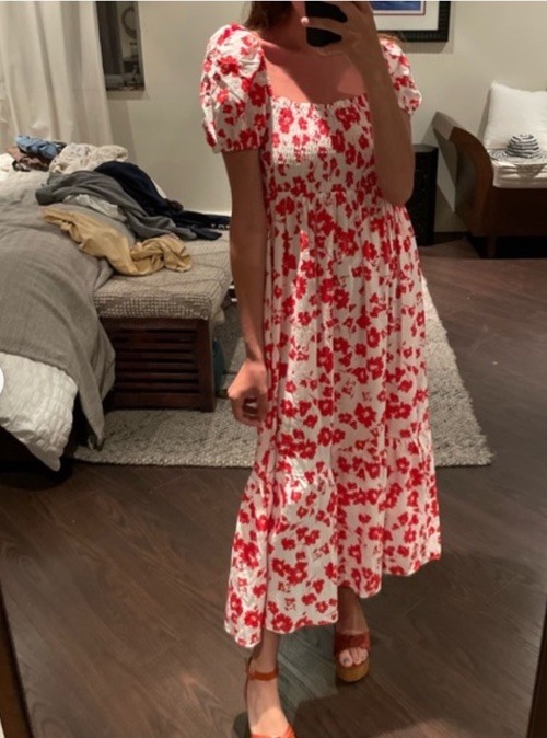 ZARA ECRU TRINNY SMOCKED RED WHITE MIDI SHIRRED  FLORAL PRINT POPLIN DRESS L image 3