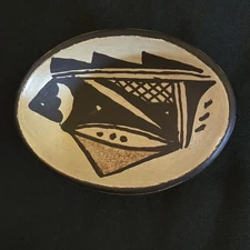 Studio Art Pottery Bowl Oval Hand Painted 4" Long Unreadable Signature Ceramic 