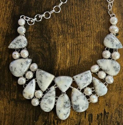 4723. Dendrite Opal Pearl Gemstone 925 Silver  Handmade Big Necklace  94 Gms 