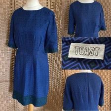 TOAST Navy & Green GEOMETRIC Print Fitted Dress UK 12 L37” LINED Arty CASUAL