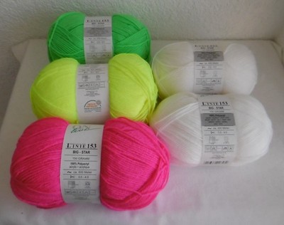 Strickwolle Häkelwolle Linie 153 BIG-STAR , 750 gr.  - 3 Neon Farben und 2x Weiß