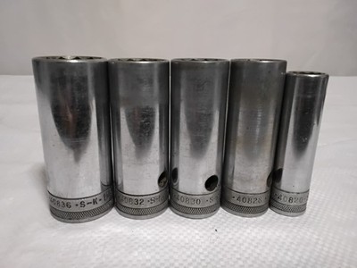 (5) S-K 1/2'' Drive 12 Point Knurled Deep Socket Set SK USA Vintage Tool Lot