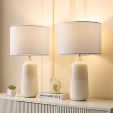 Tall Ceramic Table Lamp Set of 2, White Lamps for Bedroom Farmhouse Rustic La...