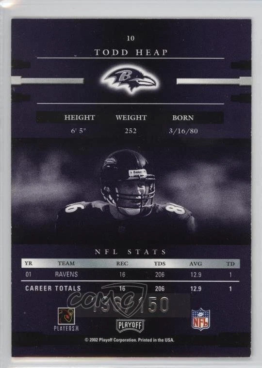 2002 Playoff Prestige Xtra Points Purple /150 Todd Heap #10 - Image 2 of 2