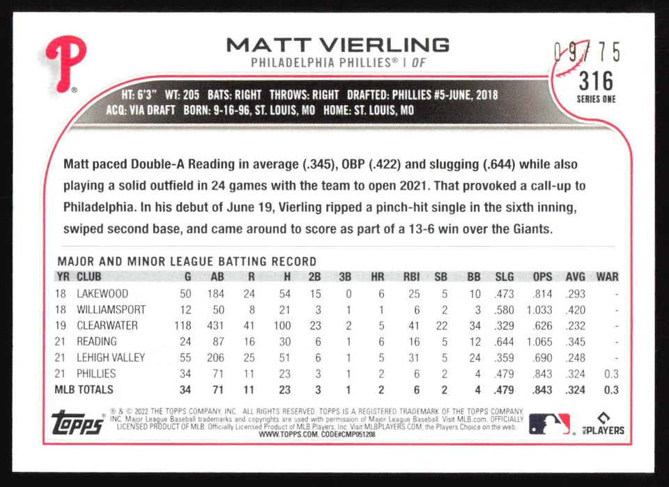 2022 Topps 1st Edition Matt Vierling #316 Rookie Orange Foil #'d /75 Phillies - Image 2 of 2
