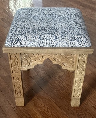 Moroccan Style Vanity Bench Ottoman Carved Wood Base Accent Seat Table 19  BOHO