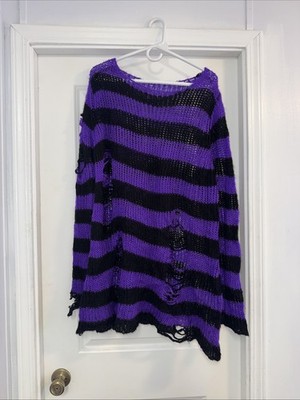 Punk Gothic Jumper Sweater Women Striped Ripped Hole Oversized Long Pullover Top