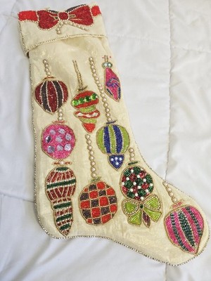 Vtg Beaded Christmas Stocking  Heavily Beading Christmas Holiday Decor Retro 