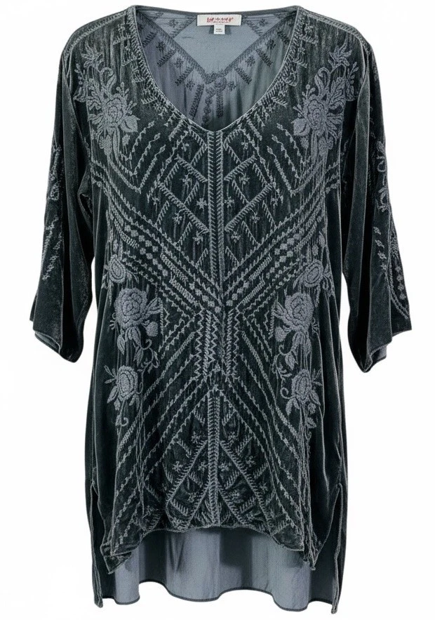 Johnny Was Heavily Embroidered Gray Velvet Tunic Top Womens S Silk 3/4 Sleeve - Image 2 of 4