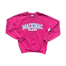 Vtg Mackinac Island Pink Crewneck Sweatshirt Sm Light Blue SpellOut Cotton Poly