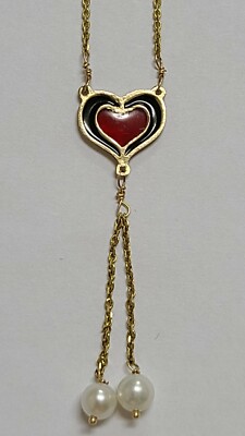 Vintage Herzform Lariat Perlenkette rot schwarz Emaille 14k Gold 16'' plus 2''