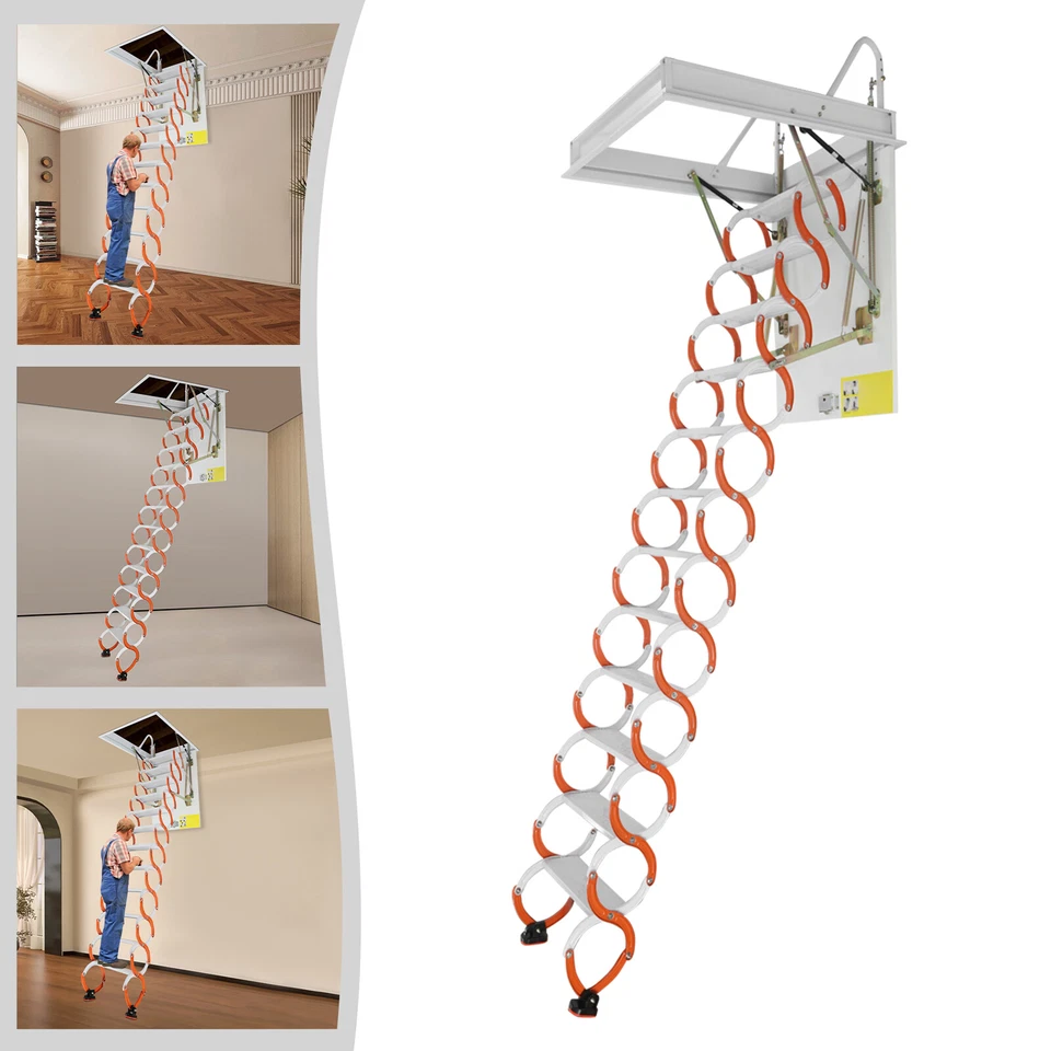 Escalera de ático de 12 peldaños, escaleras plegables montadas en la pared, escaleras de ático abatibles Foto 2 de 4