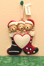 Personalized Teddy Bears Family of 3 around 2 stockings Christmas Tree Ornament