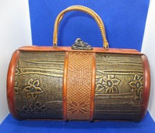 Vintage Small Wooden Floral Barrel Purse