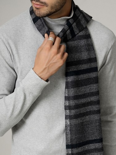 Hombre 100% Cachemira Bufanda Hecho En India Lana Suave Wrap Rayas Negro/Gris - Imagen 3 de 5