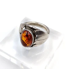 Vintage Sterling Silver 925 Amber Cabochon Arts And Crafts Handmade Ring Sz 9.5